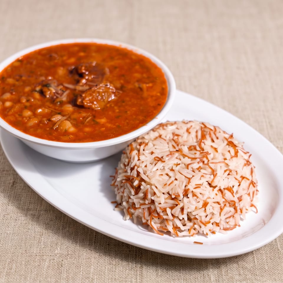 Bowl of rich red bean stew served with a mound of vermicelli rice on a white plate.