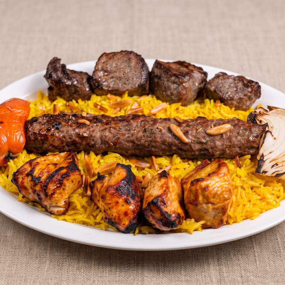 Grilled kebabs, chicken pieces, roasted tomato and onion served over saffron rice with toasted almonds.