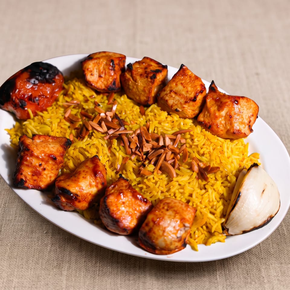 Plate of saffron rice topped with almonds, grilled kebab pieces, roasted tomato, and onion.
