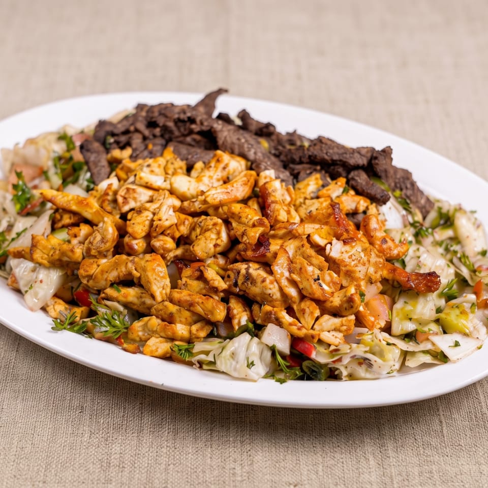 White platter piled with grilled chicken, beef strips, roasted vegetables, and fresh herbs on a linen tablecloth.
