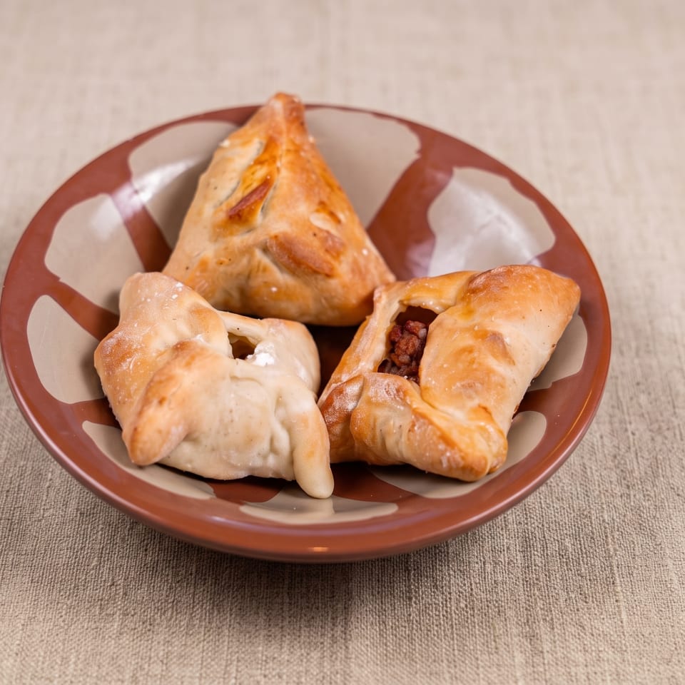 Three golden-brown baked pastries, including triangular and crescent-shaped pieces, arranged on a decorative plate.