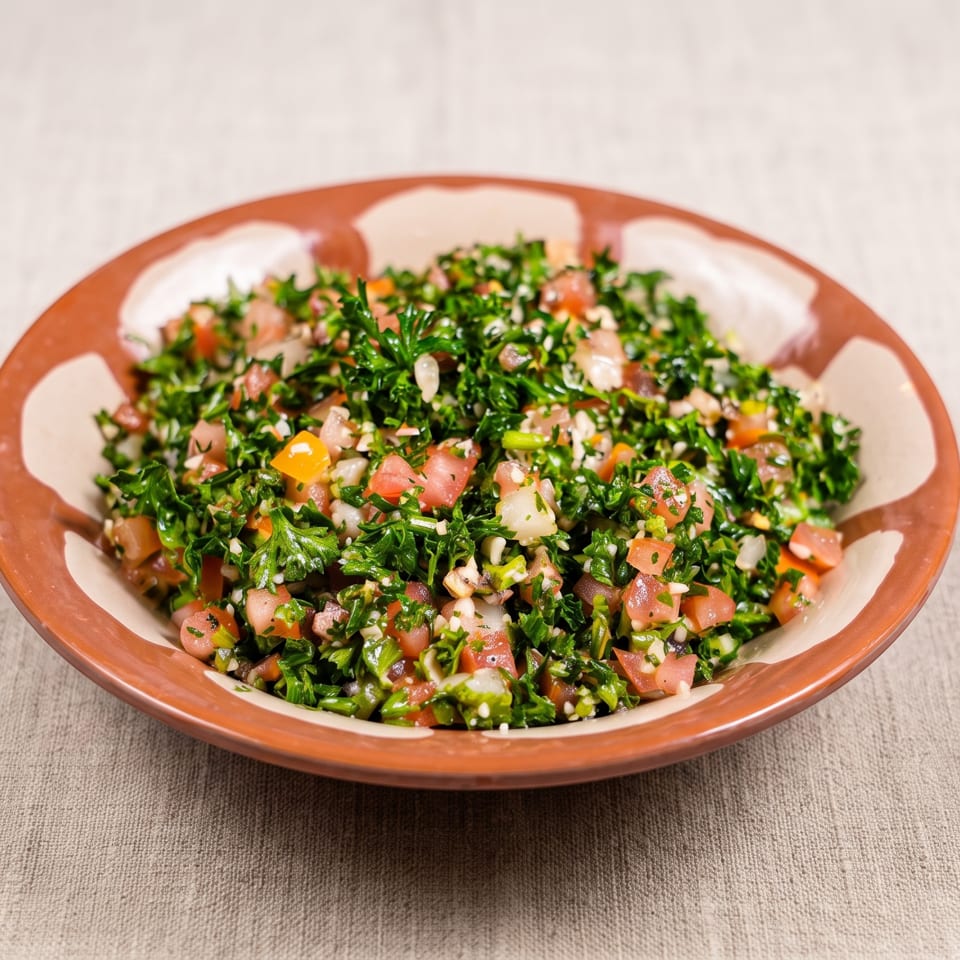 Bowl of fresh tabbouleh salad with parsley, diced tomatoes, onions, and bulgur on a patterned ceramic plate.