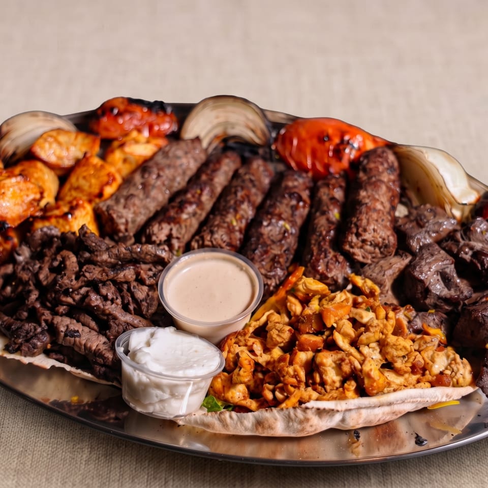 Large platter of assorted grilled meats, roasted vegetables, pita, pasta, and dipping sauces.