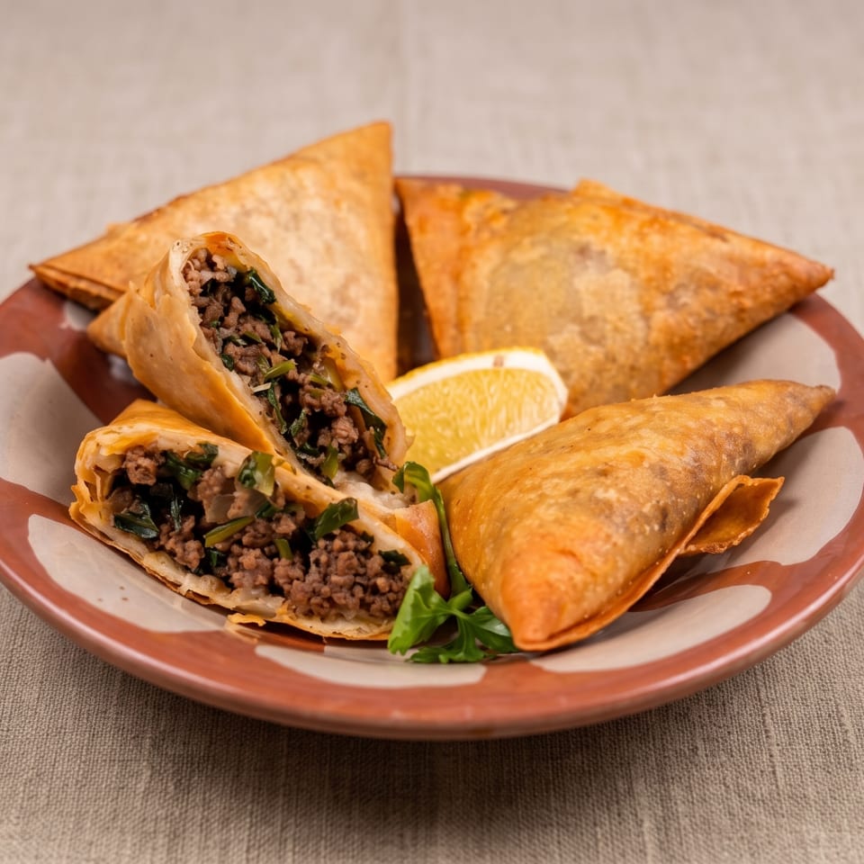Golden triangular pastries filled with seasoned ground meat and herbs, arranged on a decorative plate with a lemon wedge and parsley.