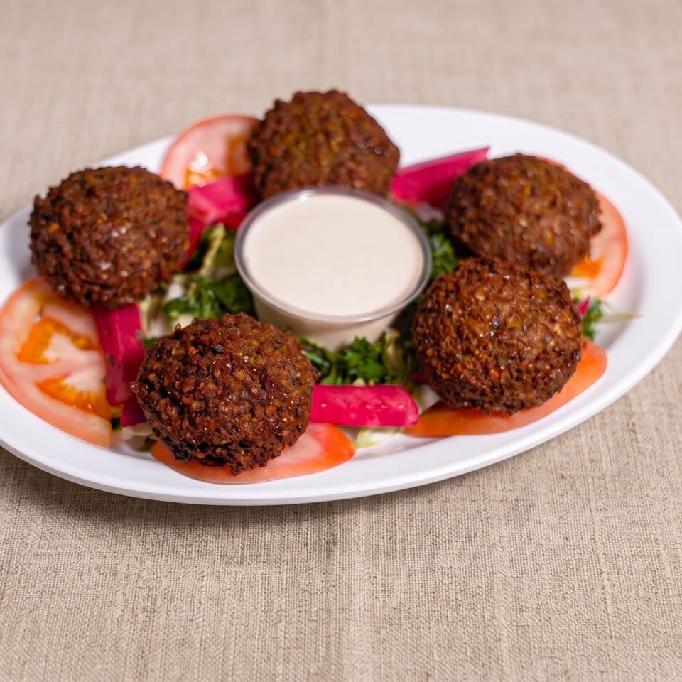 Five crispy falafel balls surround creamy dipping sauce, tomatoes, pickled turnips, and greens on a white plate.