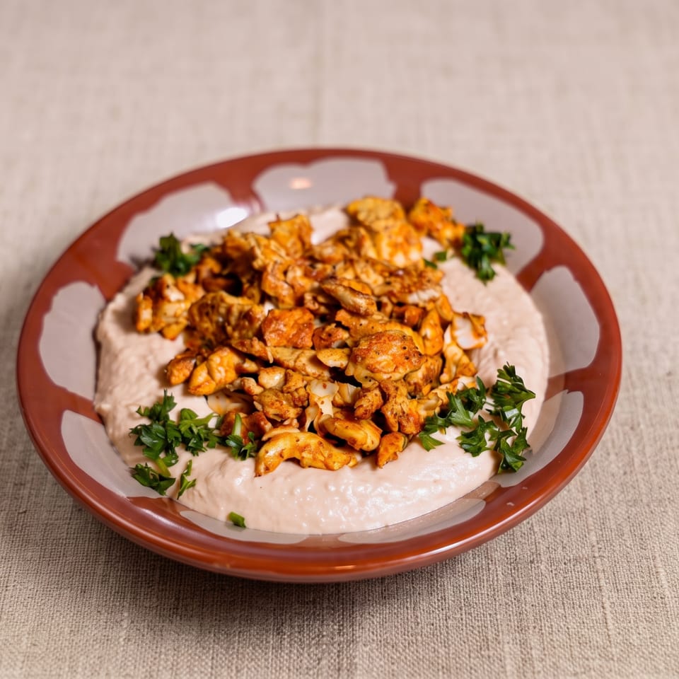 Plate of creamy hummus topped with seasoned crispy chickpeas and garnished with fresh parsley.